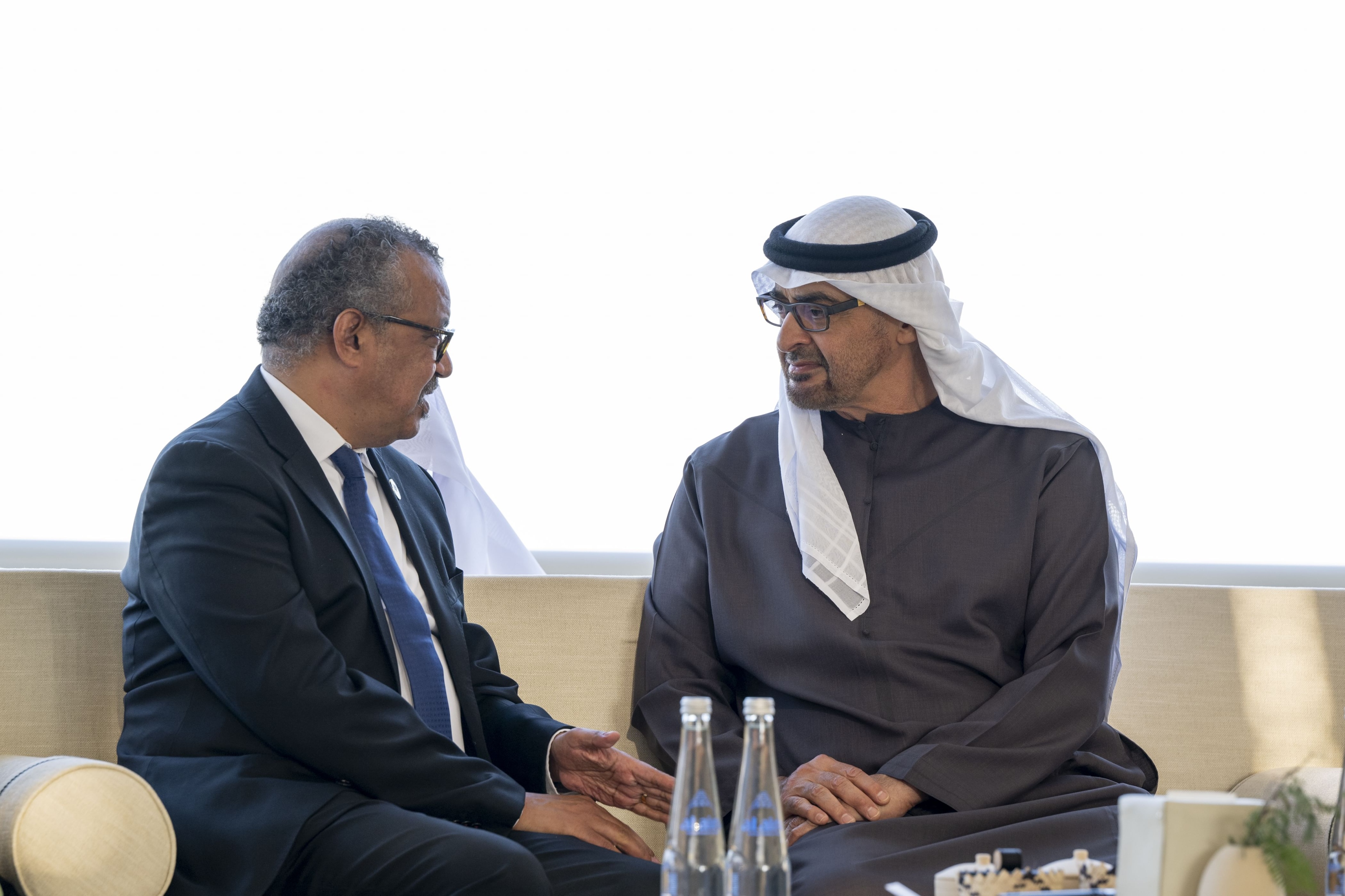 His Highness Sheikh Mohammed bin Zayed Al Nahyan meets with Dr. Tedros Adhanom Ghebreyesus, Director-General of the World Health Organization, at Qasr Al Bahr in Abu Dhabi