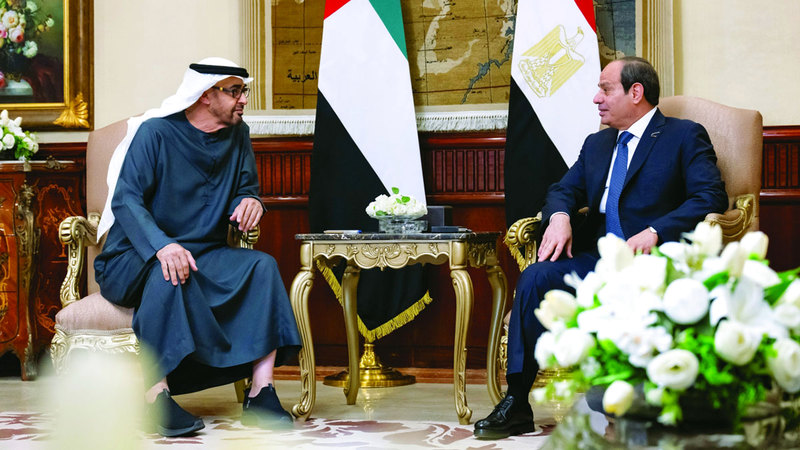 محمد بن زايد وعبدالفتاح السيسي خلال جلسة مباحثات عقداها في القاهرة. وام
