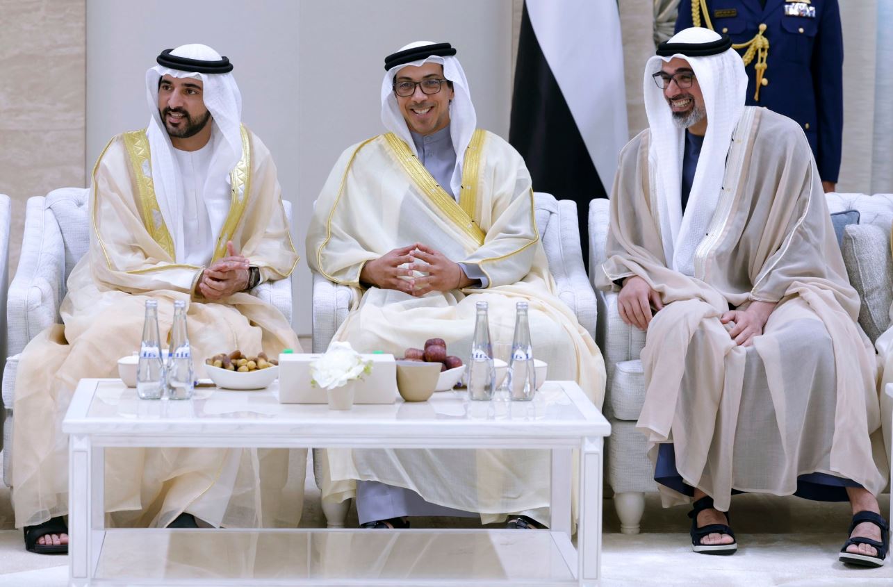 Mansour bin Zayed and Khalid bin Mohammed bin Zayed obtain Hamdan bin Mohammed bin Rashid, crown princes, deputy governors, sheikhs and supporters on Eid Al-Adha