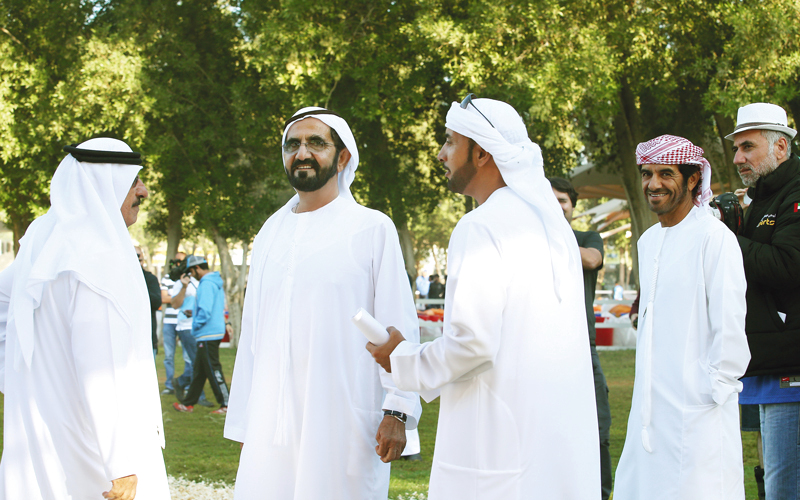 محمد بن راشد خلال متابعته سباق كأس اليوم الوطني للقدرة. تصوير: نجيب محمد