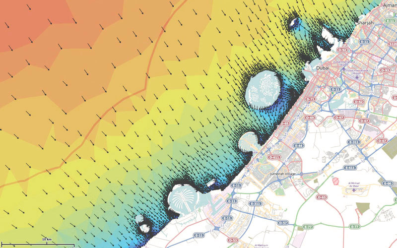 صورة للتنبؤ بارتفاع الأمواج واتجاهها على طول ساحل دبي. من المصدر